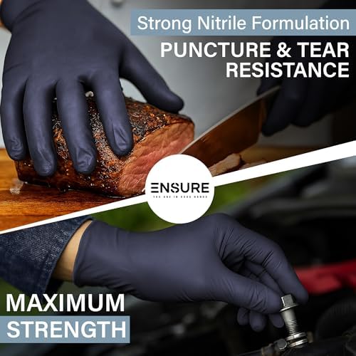 Ensure Black Nitrile Gloves – 5 Mil Heavy-Duty Disposable Gloves, Low Dermatitis, Powder & Latex Free, Chemo-Rated