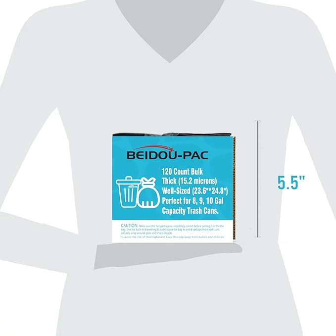 BEIDOU-PAC 8-10 Gallon Trash Bags Drawstring, 120 Count Bulk, Black & Unscented Multi-purpose Garbage Bags for Business Home Bathroom Kitchen Commercial and Industrial