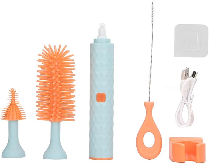 Garosa Electric Bottle Brush Cleaner Electric Baby Bottle Brush Cleaning Brush Set with 2 Speeds Rotating Silicone Bottle Pacifier Straw Brush Cleaner (Blue)