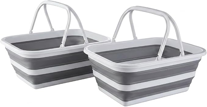 Monozuki Collapsible Sink Picnic Basket with Handle 4.8 Gal/18.1L Bucket for Cleaning Camping Essentials Space Saving Outdoor Portable Bucket for Camping (Grey*2)