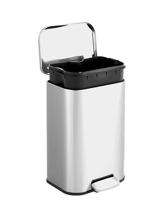5.3 gal/20L Stainless Steel Kitchen Trash Can, Step-on Recycling Bin with Soft Close Lid, Removable Inner Bucket, Rectangular Wastebasket for Office Living Room, Silver