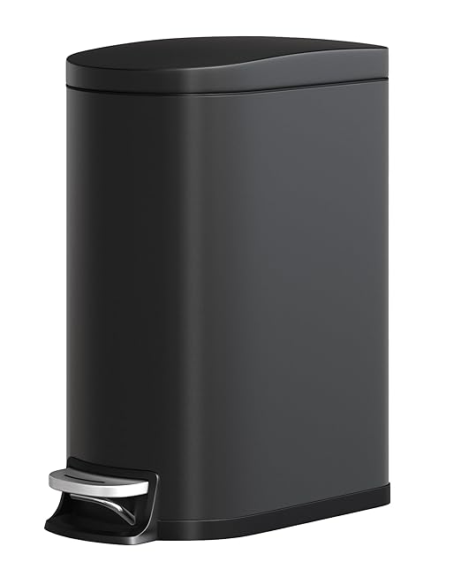 Garvee 13 gal / 50 L Metal Kitchen Trash Can with Lid, Slim Rustproof Garbage Can, Large Step-on Trash Bin with Inner Bucket, Rear Handle, Soft Close Lid, Black