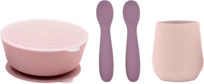WeeSprout First Feeding Set - Silicone Baby Training Cup 2 Oz, Suction Bowl 10 Oz with Lid & 2 Baby Led Weaning Spoons - For Children 4+ Months - Non-Slip Grip - Dishwasher & Microwave Safe