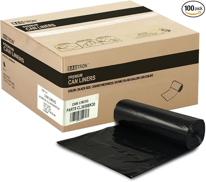 Bagtron 55-60 Gallon Trash Bags, 30 Micron Heavy Duty Pure LDPE Garbage Can Liners, 36" x 58" Large, Black, 100 Count