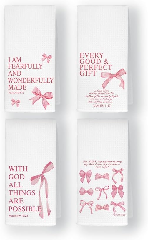4 Pcs Coquette Pink Bow Bible Verse Hand Towels for Bathroom, Christian Gifts for Women Girls, Inspirational Bible Verse Bathroom Decor Hand Towels, Dishcloth4 Kitchen Towels, 16x24 Inch