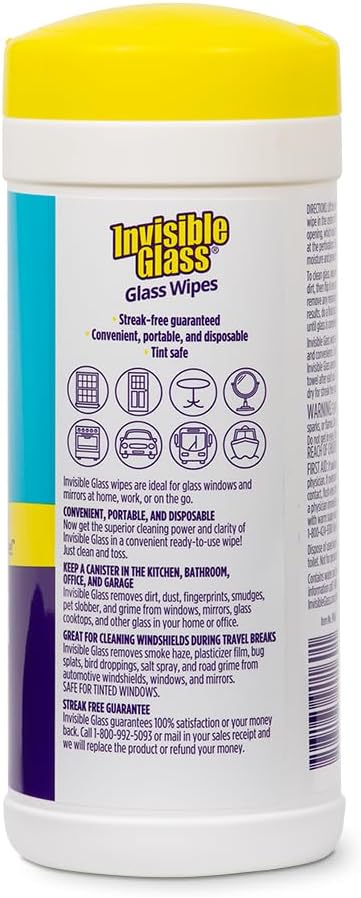 Invisible Glass 90160 Glass Cleaning Wipes, Pre-Moistened, Streak-Free and Lint-Free, Safe for Windows, Mirrors, Windshields, and Tinted Glass, 40 Count