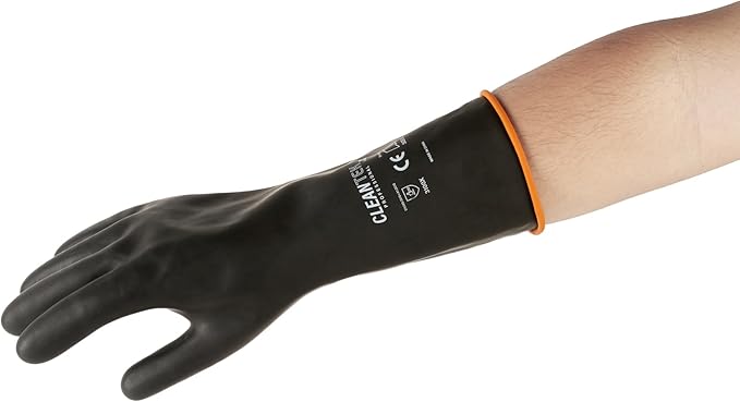 Restaurantware Chemical Resistant Gloves 10 Count 13.78 x 5.906 Inches Rubber Heavy Duty Work Gloves Industrial Slip-Resistant Extra Large Black