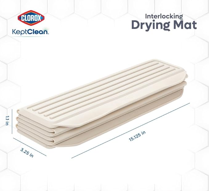 CLOROX KeptClean Interlocking Non-Slip Dish Drying Mat – Flexible, Foldable, Durable, Quick-Dry Mat, Interlocking Panels for Various Drying Elevations, Folds Compact for Storage - Almond Cream