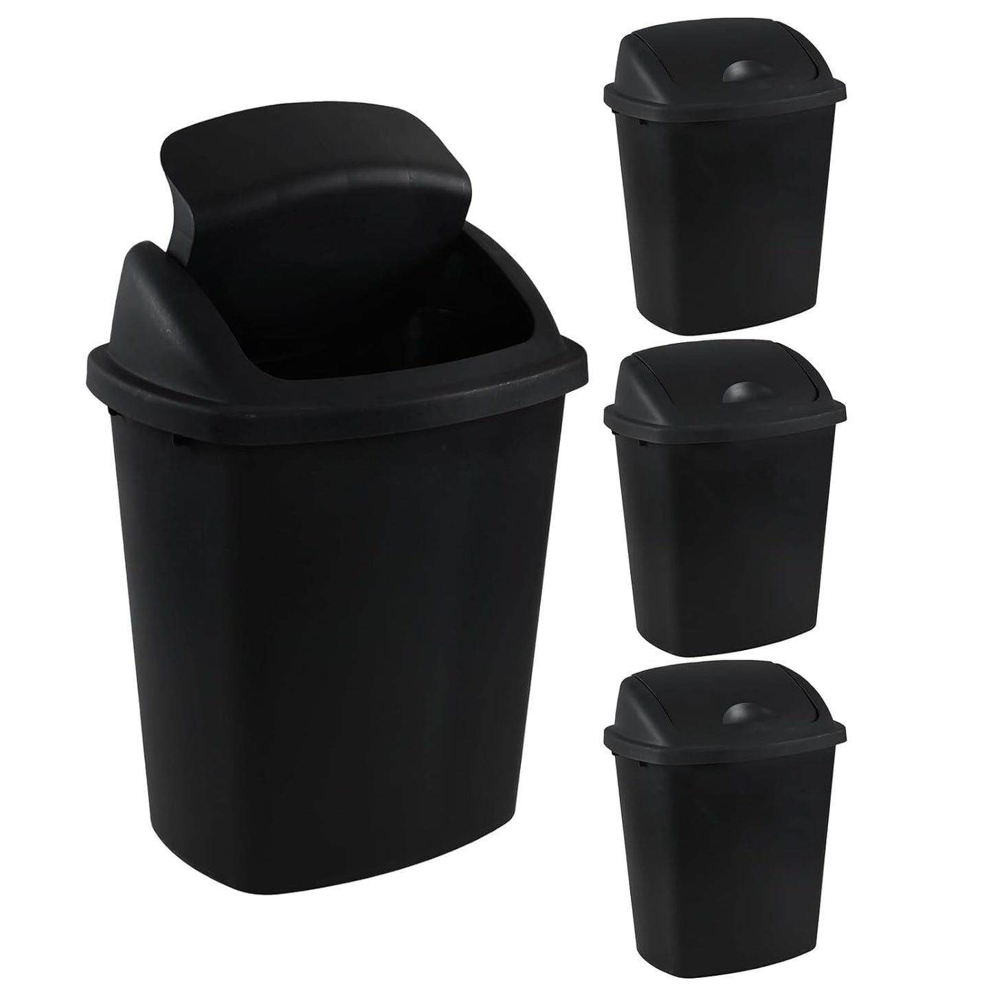 6 Gallon Swing Top Trash Can Outdoor and Indoor Recycle Bin, Plastic Garbage Can with Swing-Lid, Black, 4-Pack