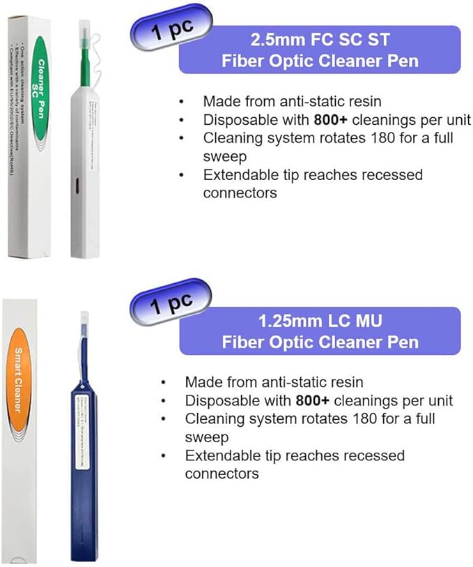 Fiber Optic Cleaning Kit Fiber Optic FTTH Cleaner Tools with 1.25mm / 2.5mm Fiber Optic Cleaner Pens and Cleaning Sticks Wipes for Cleaning FC SC ST LC MU Connectors