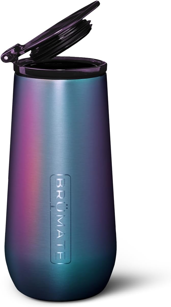BrüMate Champagne Flute 12oz with Flip-Top Lid to Hold in Carbonation | Insulated Stainless Steel for Ice Cold Champagne | BPA-Free (Dark Aura)