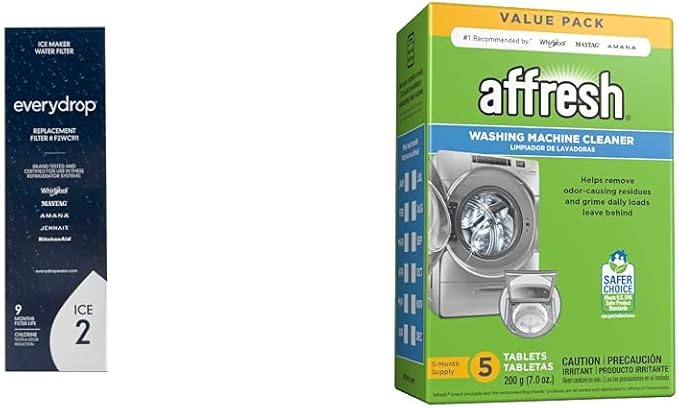 Everydrop by Whirlpool Ice Filter, F2WC9I1, Single-Pack & Affresh W10549851 Dishwasher Cleaner 6 Tablets Formulated to Clean Inside All Machine Models, 6 Count