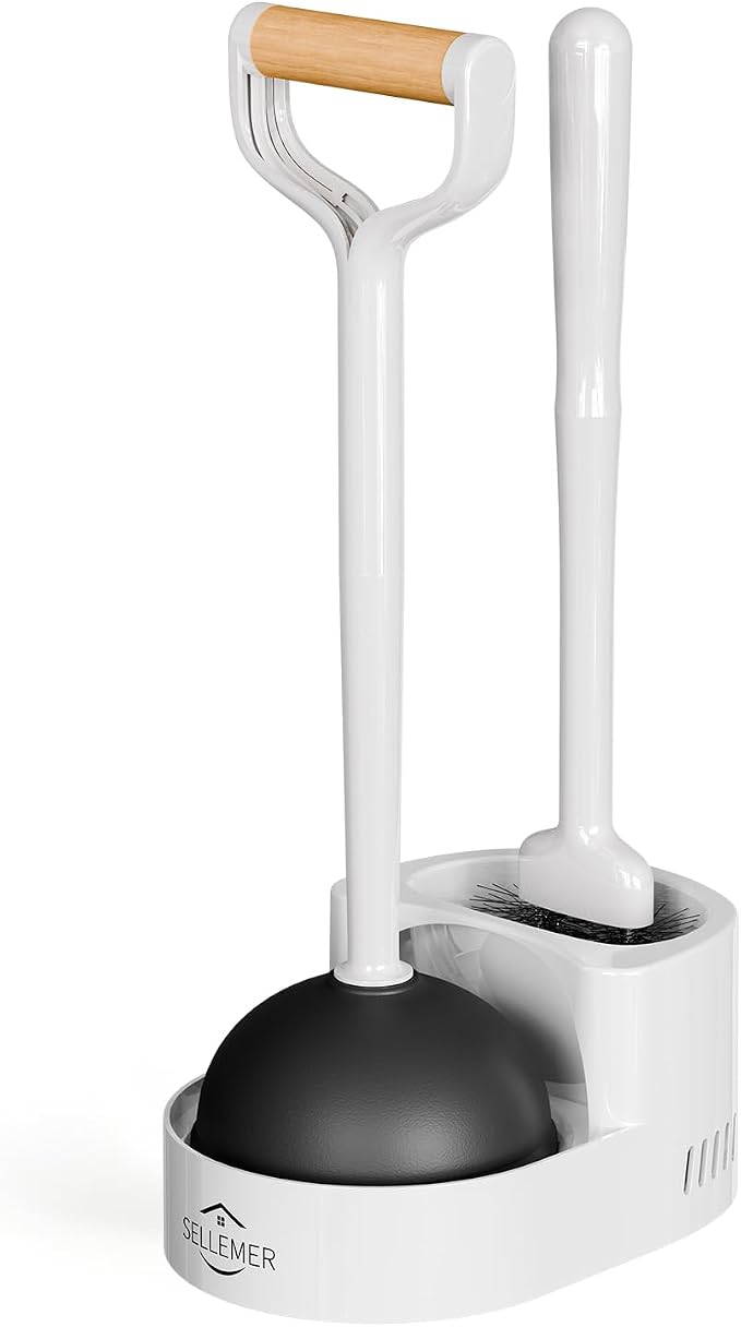 Sellemer 2 in 1 Toilet Brush and Plunger Set, Curved Design Head for Deep Clean, Heavy Duty Toilet Bowl Brush and Plunger Combo with Holder for Bathroom,White, 1 Pack
