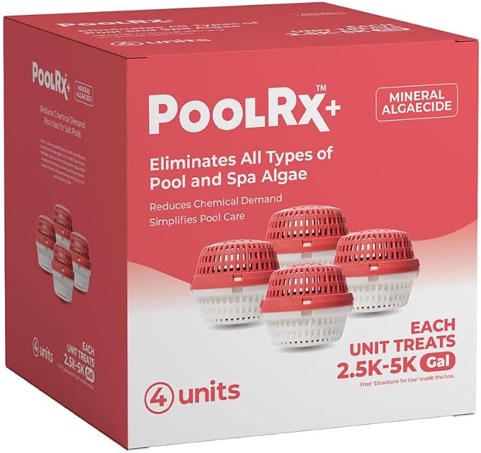 PoolRx+ Mineral Algaecide 4-Unit Pack, up to 6-Month Algae Control, for 2.5K-5K gallons, Red & White, New Formula with Silver.