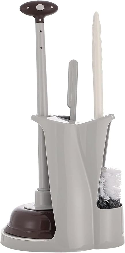 Cq acrylic Toilet Brush and Plunger Set,Grey 3 in 1 Bathroom Scrubber Plunger and Angled Toilet Bowl Brush & Scrubber Combo with Holder and Rim Cleaner for Camper,Rv,Apartment,New Home,Set of 1