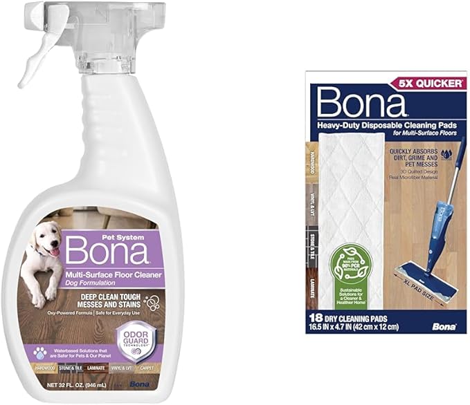 Bundle of Bona Pet System Multi-Surface Floor Cleaner, Dog Formulation 32 fl oz + Bona Multi-Surface Floor Cleaning Pads - 18 Refills - Heavy-Duty, Disposable, Microfiber Pads for Easy Floor Cleaning