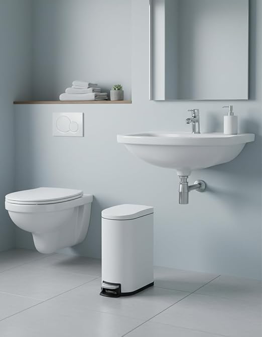 Garvee 2.6 Gallon / 10L Metal Bathroom Trash Can with Lid, Slim Step-On Bin with Soft-Close, Removable Inner Bucket & Rear Handle, Waterproof, White