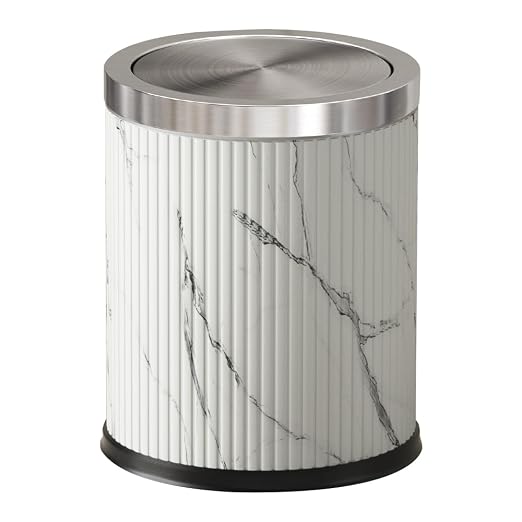 Bathroom Garbage can with lid，Small Trash Can with Flipping Lid, 4gallon,White and Silver Bathroom Trash can for Bedroom，Living Room,Hotel (15L-Ink Painting)
