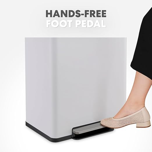 Simpli-Magic Infinity Edge 60 Liter / 16 Gallon Rectangular Hands-Free Extra Large Kitchen Step Trash Can, Soft-Close Single Lid Recycling Bin, Stainless Steel, White, 79680