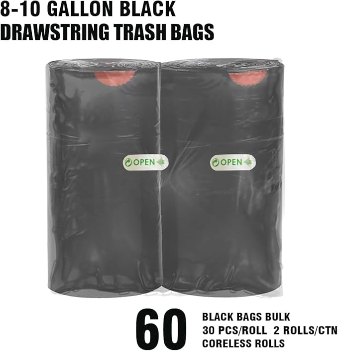 BEIDOU-PAC 8-10 Gallon Trash Bags Drawstring, 60 Count Bulk, Black & Unscented Multi-purpose Garbage Bags for Business Home Bathroom Kitchen Commercial and Industrial