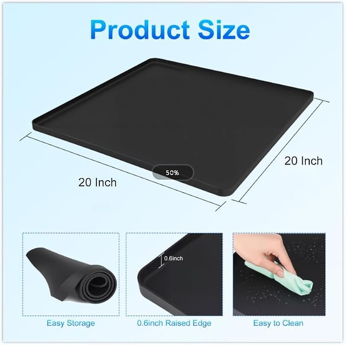 Mini Fridge Silicone Mat, 19.7"x19.7"x0.6" - Durable Refrigerator Mats with High Raised Edges, Leak-Proof Fridge Mats for Mini Fridges, Washing Machines, Pet Bowls - Protects Floors from Water Spills