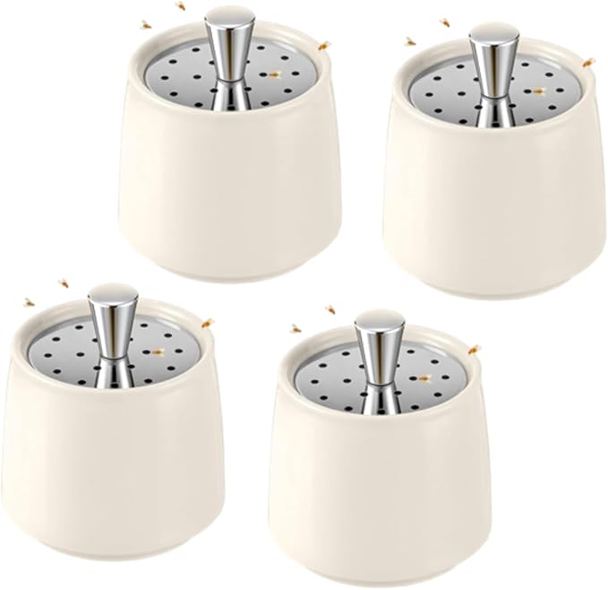 Ceramic Fruit Fly Trap for Indoors, Reusable Kitchen Fly Catcher with Stainless Steel Vent Lid, Uses Safe & Natural Vinegar Bait Trap, Dishwasher Safe, Easy to Use(White,4 Pack)