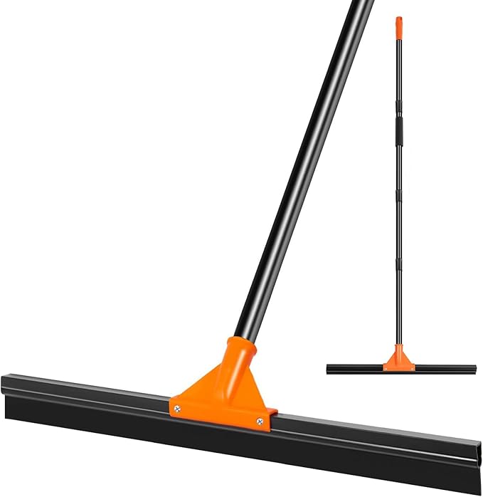 Heavy Duty Floor Squeegee with Long Handle, 18" Rubber Wiper Broom for Concrete Tile Cleaning Commercial Scrubber Mop for Garage Deck Bathroom Kitchen Pool