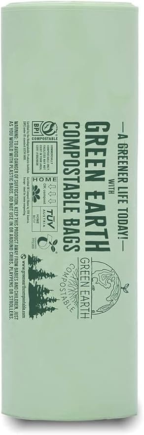 Green Earth Compostable Small Kitchen Food Scrap Trash Bags, Compost Bin Compatible, 2.6 Gallon, 10 Liter, 300-Count, Extra Thick 0.71 Mil, ASTM D6400, BPI (US) & OK Compost Home (EU) Certified