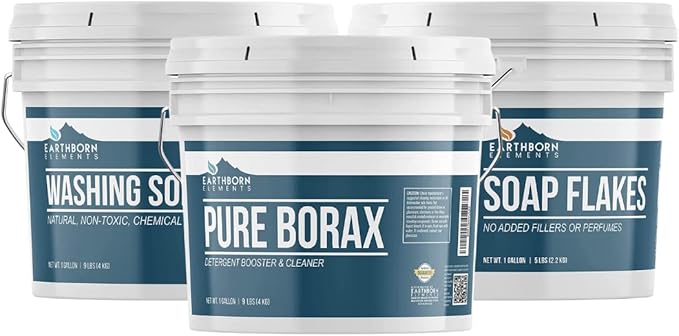 Earthborn Elements Borax Powder, Washing Soda, Soap Flakes (1 Gallon ea.) Multipurpose for cleaning & laundry, Resealable Bucket