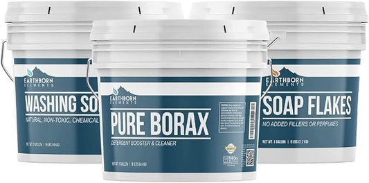 Earthborn Elements Borax Powder, Washing Soda, Soap Flakes (1 Gallon ea.) Multipurpose for cleaning & laundry, Resealable Bucket