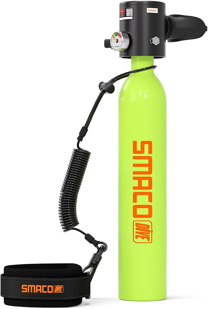 SMACO Mini Scuba Tank 0.5L Portable Reusable Diving Tank Emergency Diving Cylinder for Snorkeling, Freediving, Boat Cleaning & Air Backup Lightweight & Compact Design Pony Bottle S300