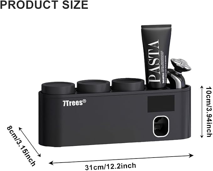 Toothbrush Sanitizer, Self Adhesive Toothbrush Holder with 3 Cups, Automatic Toothpaste Squeezer Dispenser Bathroom Accessories Set (Black)