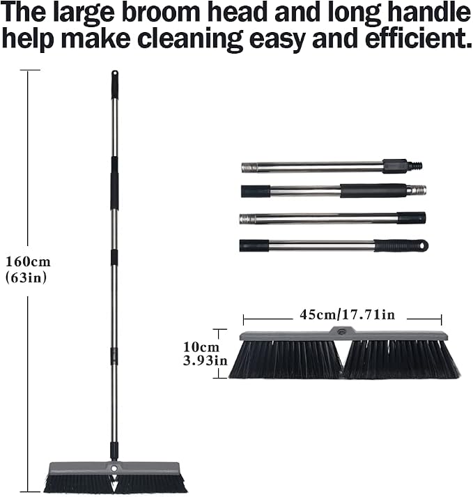 18 Inch Push Broom Brush Outdoor Heavy Duty Broom Stiff Bristles Commercial Outdoor Broom Brush for Cleaning Garage Driveway Yard Patio Deck Concrete Wood Stone Floor with 63" Long Handle