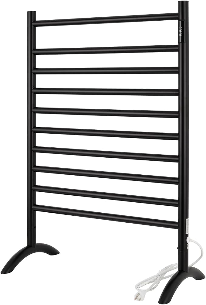 Freestanding Towel Warmer 10 Bars Plug-in Option 3 Working Modes Black Stainless Steel 24" W 34" H