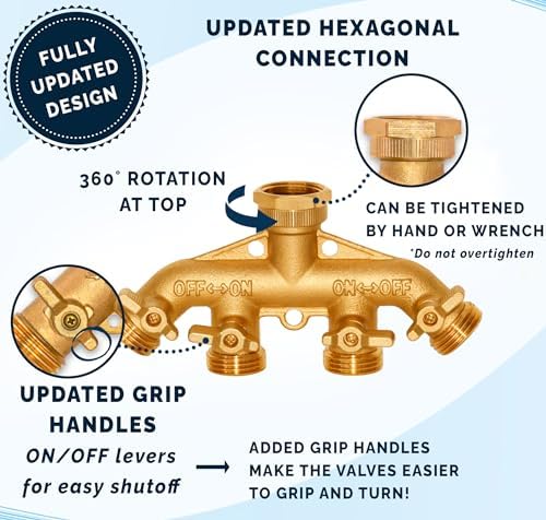 Morvat Brass 4 Way Garden Splitter with Shut Off Valves, Includes Extra Rubber Washers & Teflon Tape PLUS Water Hose Sprayer with 10 Spray Patterns -2-PACK- Thumb Controlled On/Off Lock