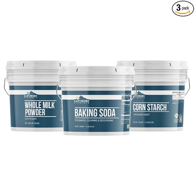 Earthborn Elements Baking Soda, Corn Starch, and Whole Milk Powder Bundle, 1 Gallon Each, Bulk Sizes, Cleaning & Cooking