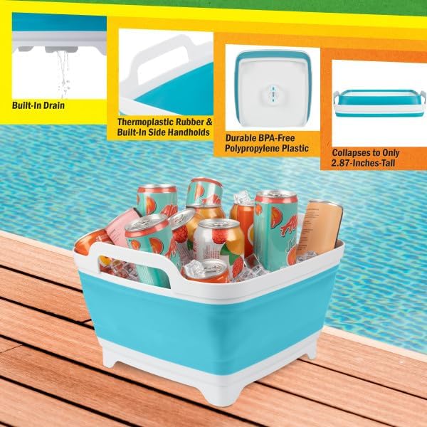 Collapsible Wash Basin - 9L Portable Sink with Drain - Plastic Tub Dish Pan for Camping, Handwashing Laundry, or Dishes by Wakeman Outdoors (Blue)