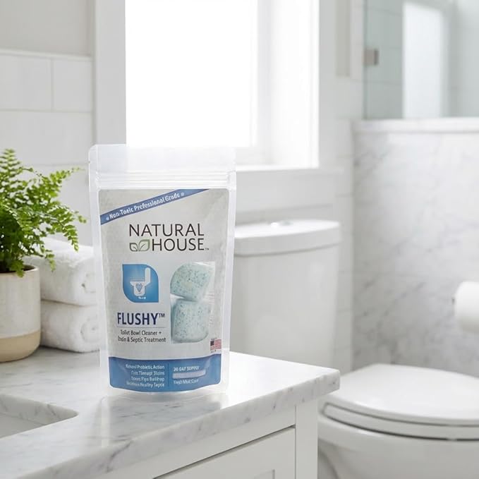 Enzyme Toilet Bowl Cleaner & Septic Treatment - Natural House Flushy - Probiotic Foaming Pods Remove Hard Water Stains, Rust, Calcium - Mint Scent - 60 Count