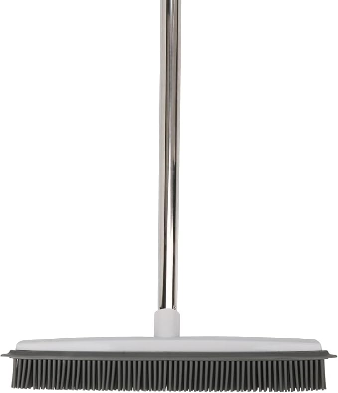 Pet Hair Rubber Broom with Squeegee for Carpet,Fur Remover Broom Carpet Rake for Pet Hair Removal, with 50" Long Handle, Dual-Sided for Hardwood Floor, Tile,Portable Detailing Lint Brush White