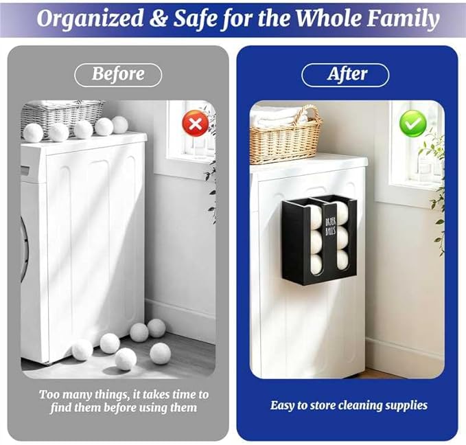 Magnetic Dryer Ball Holder Wall Mount for Washer Dryer, Wood Laundry Organizer and Storage, Wool Dryer Balls Container Dispenser Basket with Magnetic Lint Bin, Laundry Room Accessories and Essentials