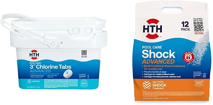 HTH 42052W Swimming Pool Care 3" Chlorine Tabs Advanced, Individually Wrapped Tablets, 5lb and HTH 52037 Swimming Pool Care Shock Advanced, Swimming Pool Chemical, Cal Hypo Formula, 12 Count(Pack of 1)