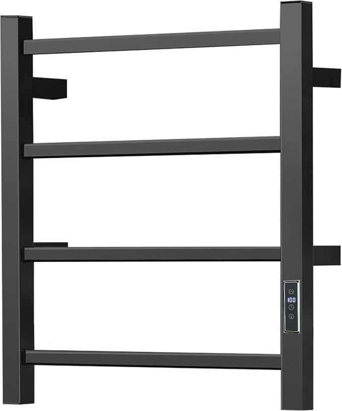 HARNDY Electric Towel Rack with Voice Control for Alexa & Google Home,TUYA - Wall-Mounted Bathroom Heating Towel Warmer,Plug-in,Stainless Steel Material (Square Black with Timer, 4 Bar)