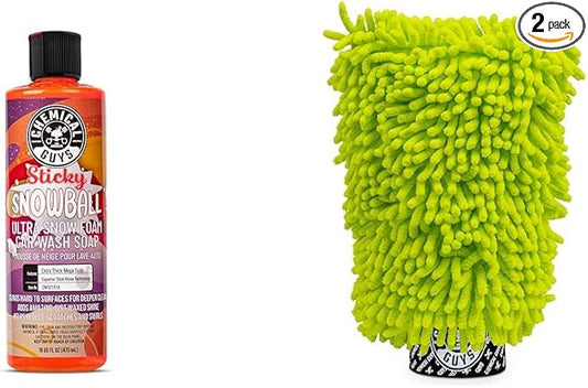 Chemical Guys CWS21516M Car Wash Starter Bundle - Sticky Snowball Ultra Snow Foam Car Wash Soap, 16 oz, Cherry Scent + Green Chenille Wash Mitt (2 Items) Works on Cars, Trucks, SUVs, RVs & More