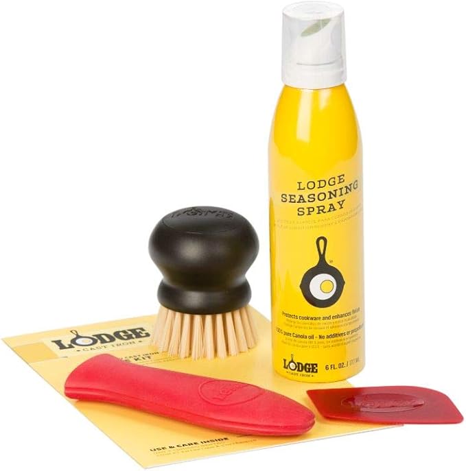 Lodge Cast Iron Care Kit - 5 Piece Cookware Maintenance Set for Everyday Cast Iron Care - Includes Seasoning Spray, Scrub Brush, Pan Scraper & Silicone Handle Holder | bike-oils