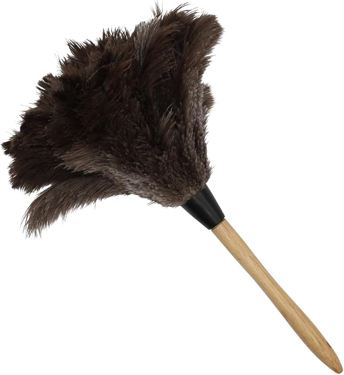 Ostrich Feather Duster with Wooden Handle 14" – Natural Reusable Feather Duster for Cleaning, Furniture & Shelves, Blinds, Ceiling Fan, Dusting Tool for Home, Office, Delicate Surfaces - 1 Pack