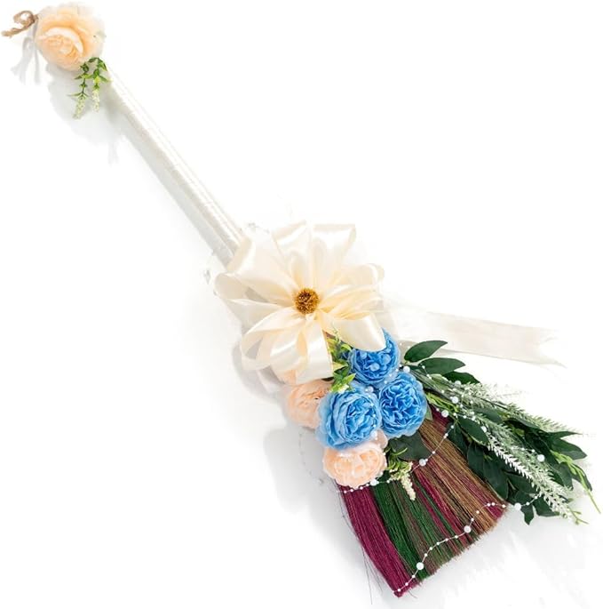 Elegant Wedding Brooms Bride Bridegroom, Jumping The Broom for Wedding, Natural Whisk Broom with Ribbons, Artificial Pearl, Leaves,Roses for Decorative