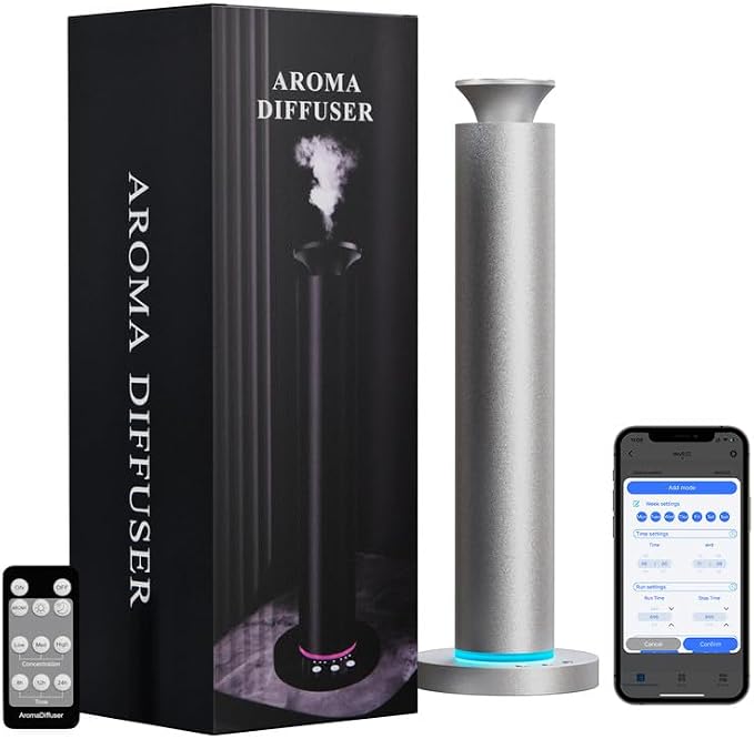 Waterless Scent Diffuser Machine with 4 Lights and Breathing Lights Modes Max Coverage 2500 sq.ft. Essential Oil Diffusers Fragrance Large Room Rechargeable App Remote Control Secret Silver