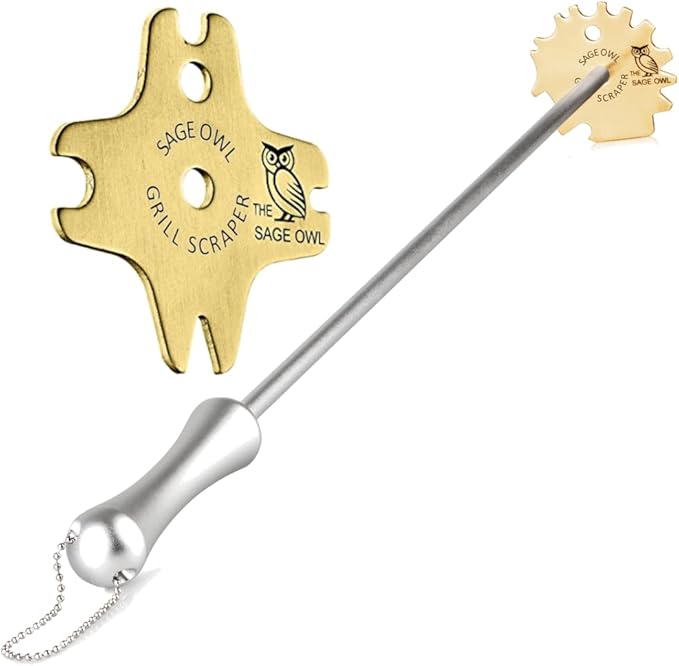Sage Owl Bristle-Free Brass BBQ Scraper with 17.5’’ Handle Combo – Grill Cleaning Tool for Barbecues – Essential Grill Accessories and Unique Kitchen Gadgets – Dad Gifts from Wife