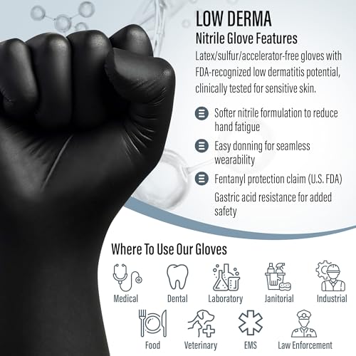 Ensure Black Nitrile Gloves – 7 Mil Heavy-Duty Disposable Gloves, Low Dermatitis, Powder & Latex Free, Puncture & Chemical Resistant for Mechanic, Industrial, Food Service, Medical Use (100, X-Large)
