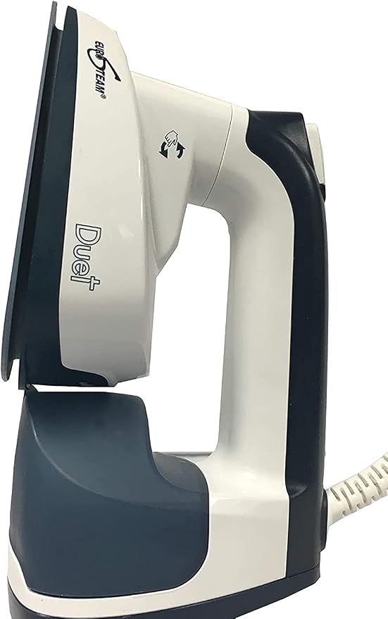 Eurosteam Duet 2-in-1 Iron & Garment Steamer with 180° Rotary Head | 1000W 2-in-1 iron and garment steamer. Features patented 180° rotating head, ceramic soleplate & removable tank.